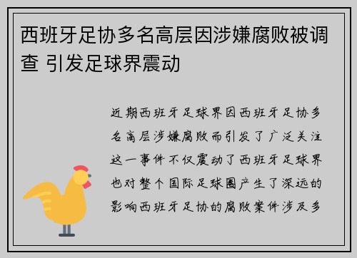 西班牙足协多名高层因涉嫌腐败被调查 引发足球界震动